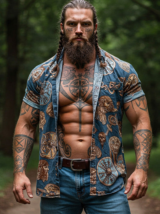 Vintage Viking Rune Print V Neck Short Sleeve Shirt elevenforest