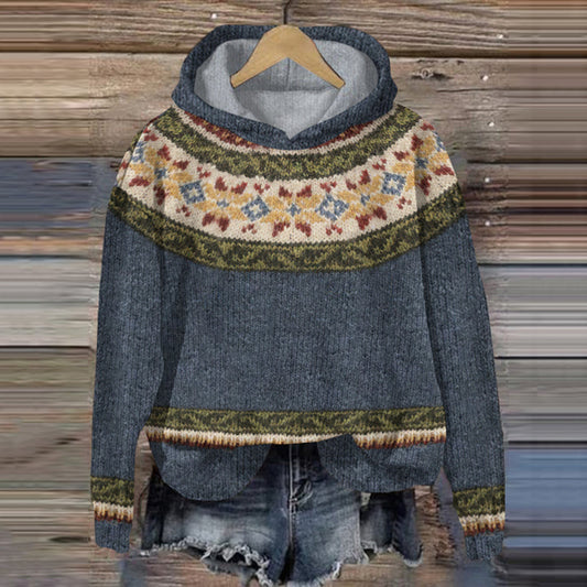 Vintage Icelandic Pattern Contrast Print Hooded Sweater artswardrobe