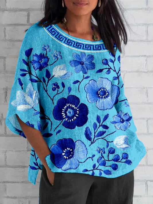 Greek Key & Floral Embroidered Linen Blend Cozy Shirt artswardrobe