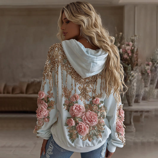 Comstylish Women's Vintage Pink Flower Embroidery Art Long Sleeve Hoodie