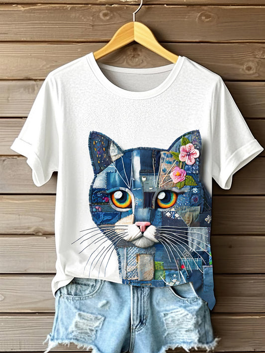 Women's Denim Cat Portrait Art Print Short Sleeve Casual T-shirt artswardrobe