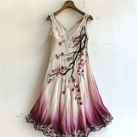 Comstylish Vintage Cherry Blossom Floral Lace Gradient Art Comfy Tank Dress