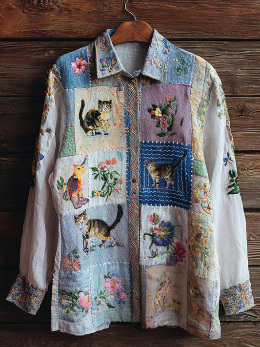 Comstylish Boho Floral & Cats Embroidery Art Women's Linen Long Sleeve Shirt