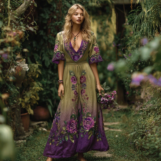 Vintage Gradient Purple Floral Embroidered V Neck Linen Blend Maxi Dress artswardrobe