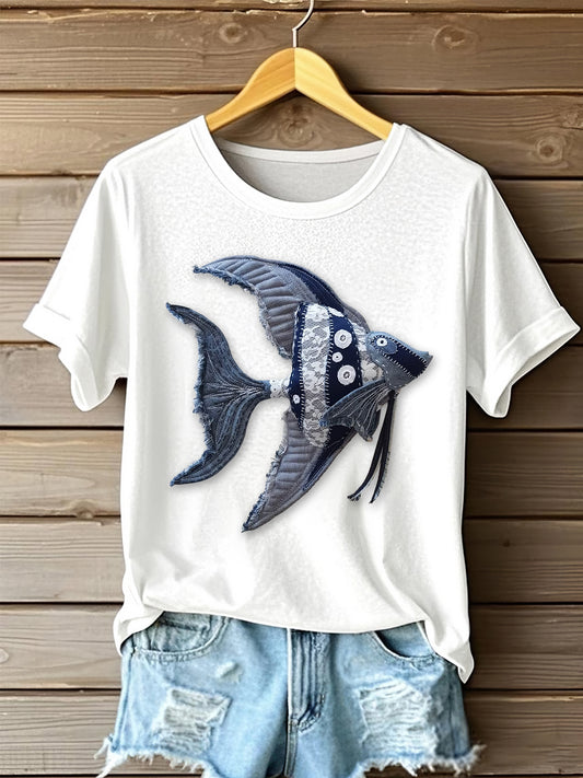 Women's Denim Lovely Fish Portrait Art Print Short Sleeve Casual T-shirt artswardrobe