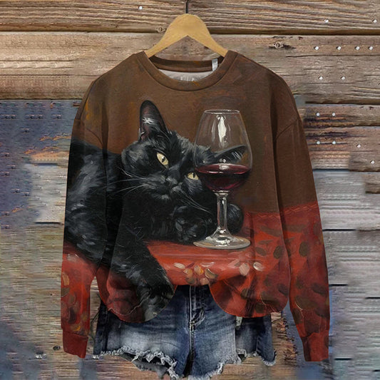 Women's Cat Drinking Red Wine Art Print Round Neck Casual Sweatshirt elevenforest