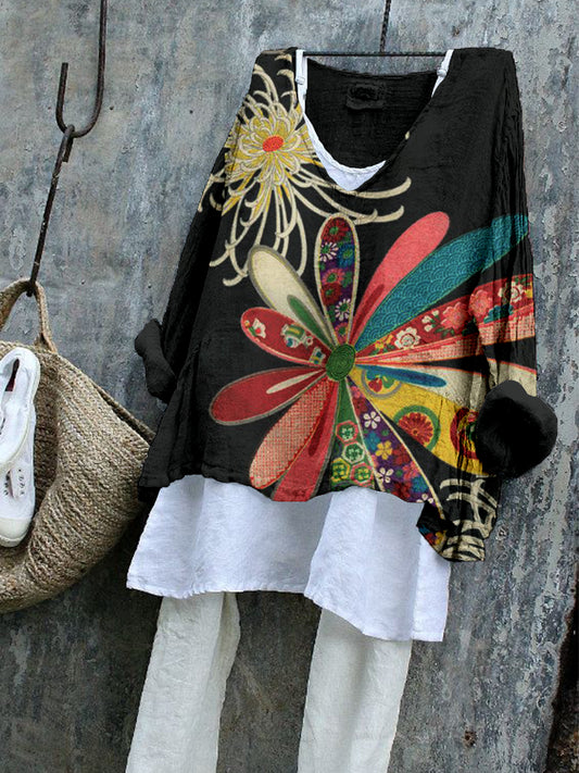 Comstylish Vintage Japanese Flower Art Linen Blend Flowy Tunic