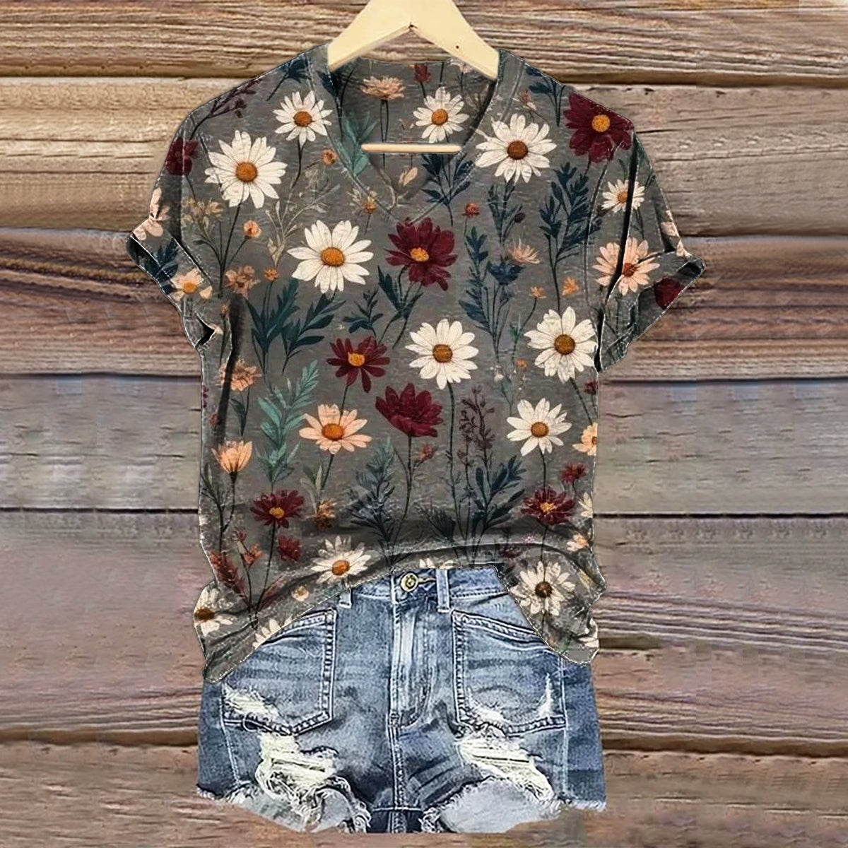 Women's Vintage Floral Art Print V-neck Casual T-Shirt