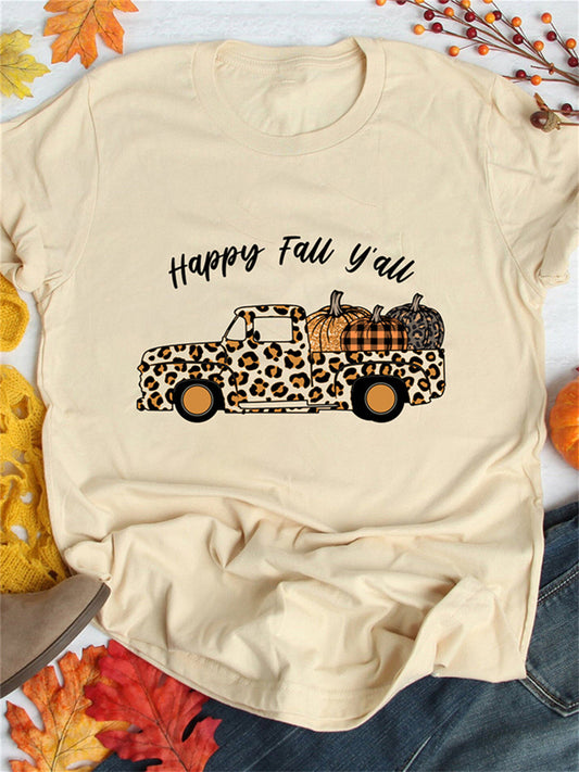 Khaki Happy Fall Leopard Truck Cute Pumpkin Graphic T Shirt artswardrobe