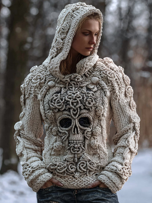 Women's Viking Skull Knitted Hooded Sweater elevenforest