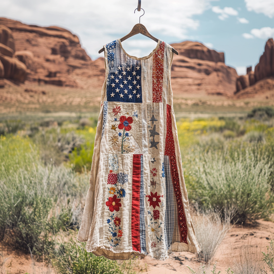 Vintage Independence Day American Flag Patch Floral & Paisley Art Linen Tank Dress artswardrobe