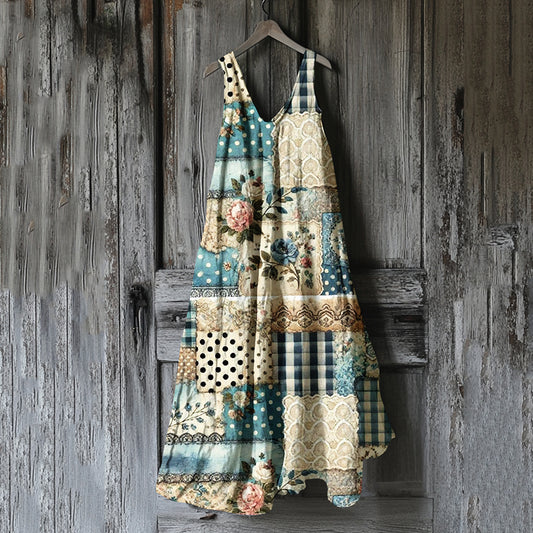 Women's Vintage Floral Patchwork Art Linen Dress artswardrobe