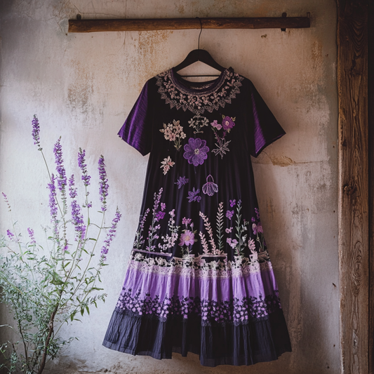 Bohemian Lavender Gradient Embroidery Patchwork Art Linen Round Neck Midi Dress artswardrobe