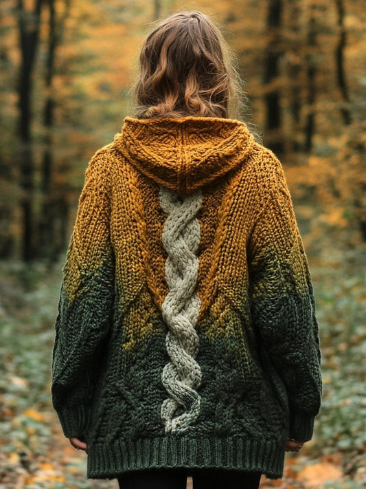 Vintage Irish Celtic Jacquard Gradient Chunky Hooded Cardigan elevenforest