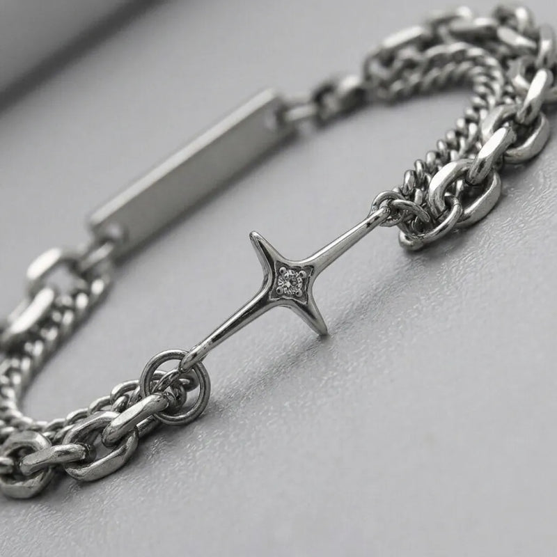 Celestial Star Cross Dual-Chain Silver Bracelet