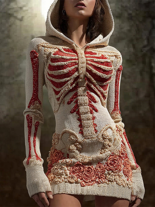 Halloween Bloody Skeleton & Floral Art Women's Knit Mini Dress artswardrobe