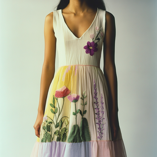 Women's Vintage Flower Embroidery Art Print Cotton And Linen Sleeveless Dress artswardrobe