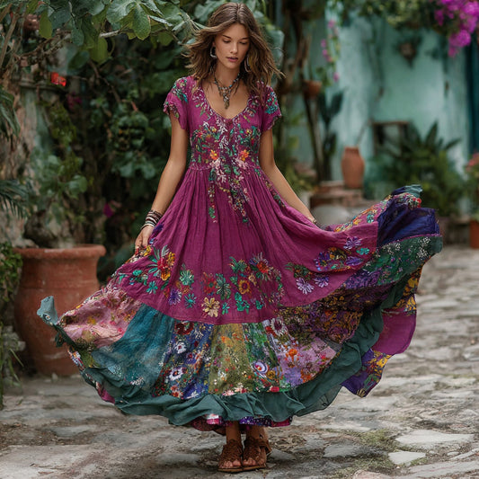 Women's Retro Flower Embroidery Patchwork Art Short Sleeve Maxi Dress artswardrobe