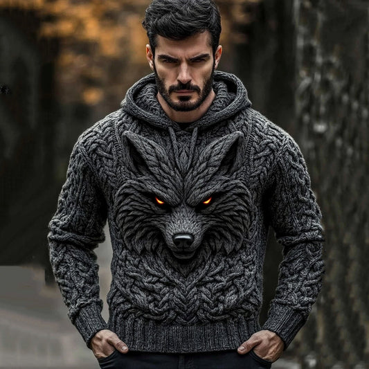 Men's Viking Tribal Wolf Jacquard Celtic Cozy Hooded Sweater elevenforest