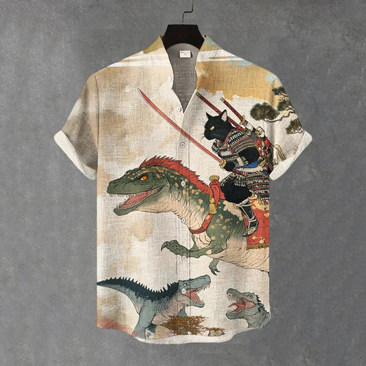 Men's Warrior Cats Fight Dinosaurs Art Print Casual Shirt elevenforest