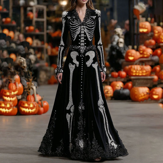 Comstylish Women's Halloween Skeleton Velvet V Neck Maxi Dress