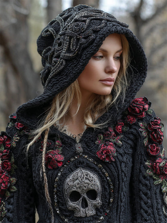 Vintage Red Roses Skull Beaded Celtic Hooded Cozy Knit Sweater elevenforest