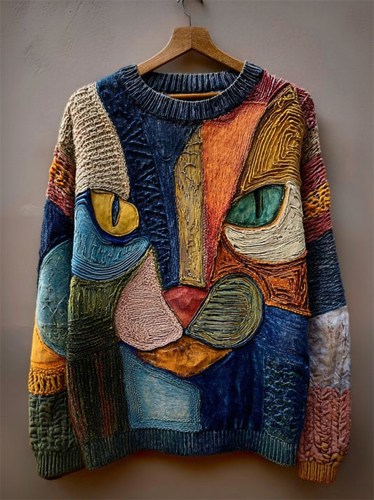Vintage Cat Face Colorblock Patchwork Cozy Knit Sweater artswardrobe