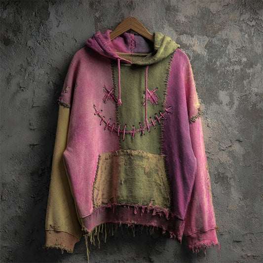 Comstylish Halloween Stitched Face Pink & Green Patchwork Washed Hoodie