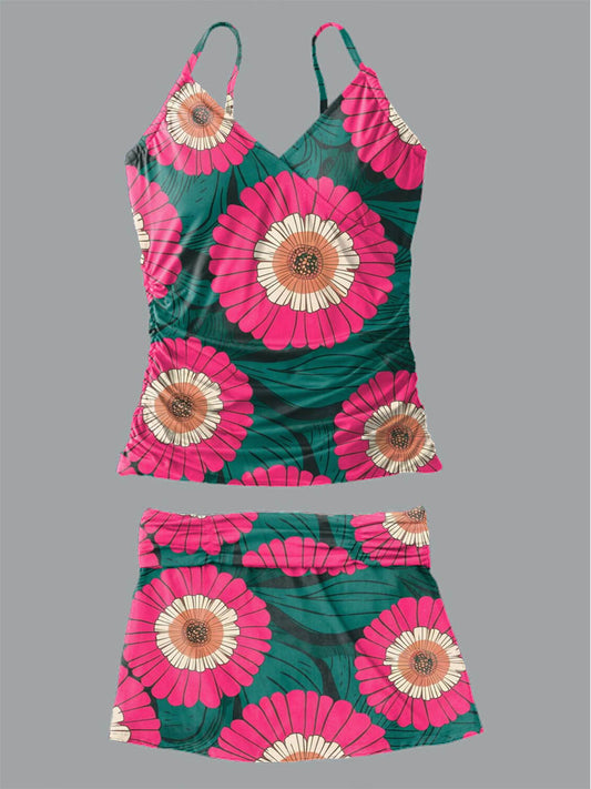 Women's Summer Floral Print Suspender Shirred Swimsuit Set