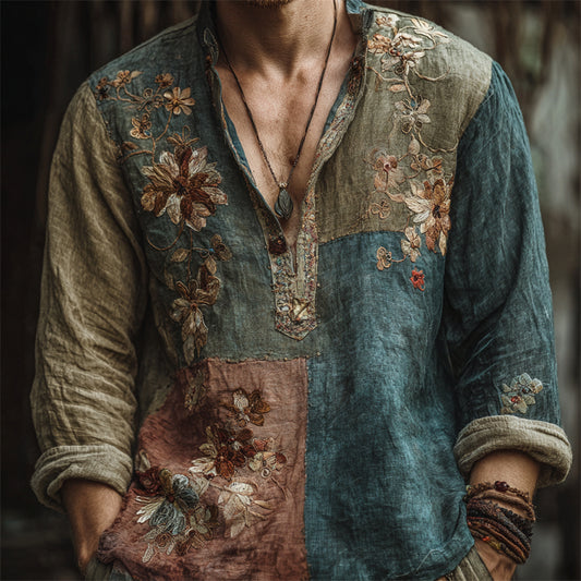 Men's Vintage Boho Floral Embroidered Colorblock Patchwork Linen Shirt artswardrobe