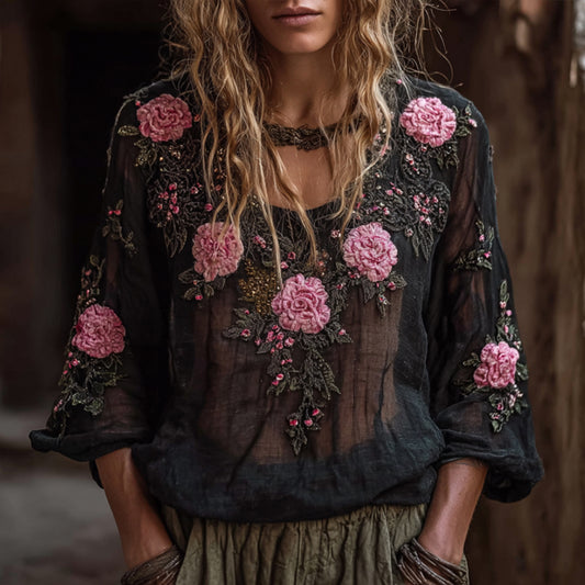 Comstylish Bohemian Classic Romantic Embroidered Rose Long-sleeved Top
