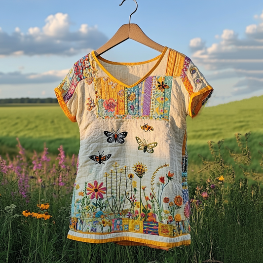 Women's Vintage Butterfly Bee Floral Print V-neck T-shirt artswardrobe