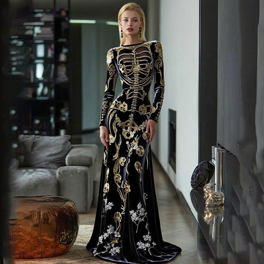 Comstylish Women's Vintage Skeleton Bones In Gold Art Velvet Maxi Dress