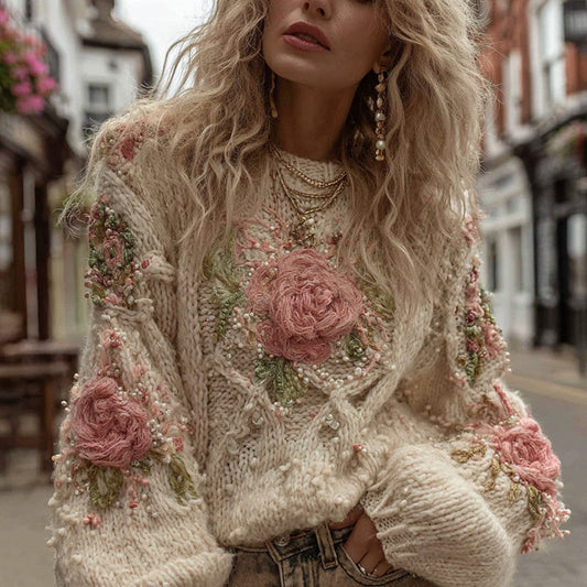 Women's Vintage Rose Floral Chunky Knit Warm Crew Neck Sweater elevenforest