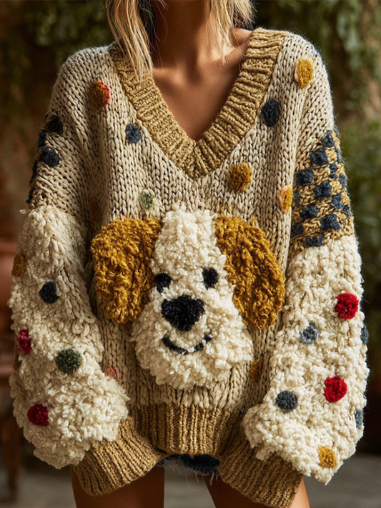Lady Retro Cute Dog Plush Comfortable Knitted Sweater. artswardrobe