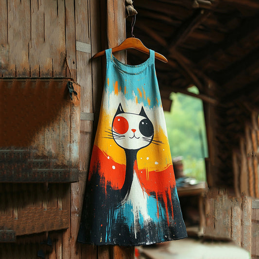 Comstylish Pop Art Oil Painting Cat Cotton Linen Dress