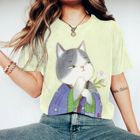 Comstylish Funny Cat In Kimono Print T-shirt
