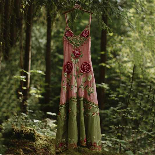 Vintage Classy Boho Gradient Pink Roses Embroidered Linen Suspender Dress artswardrobe