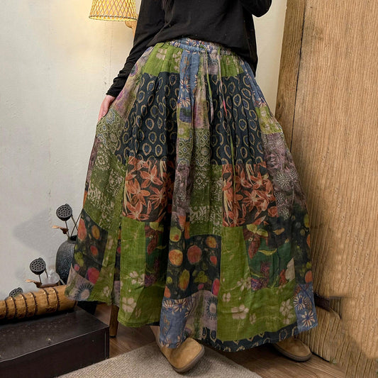 Women's Vintage Floral Patchwork Art Pattern Cotton Skirt artswardrobe