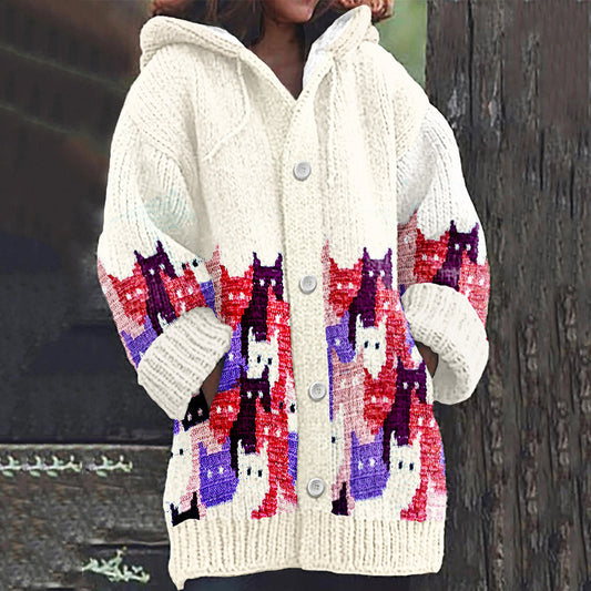 Whimsical Colorful Cats Art Cozy Hooded Cardigan elevenforest
