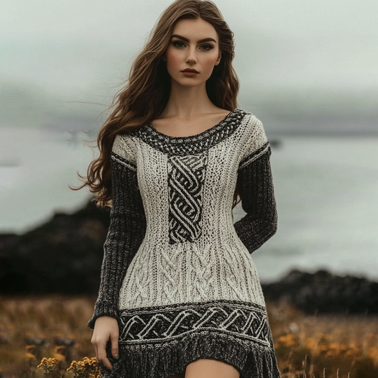 Vintage Viking Celtic Contrast Cozy Chunky Sweater Dress elevenforest