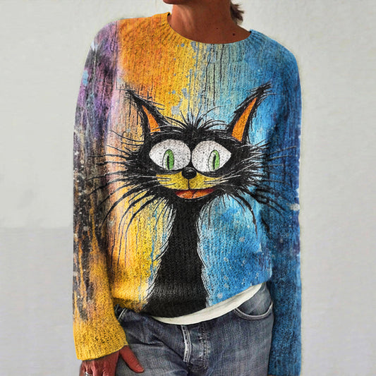 Cute Black Cat Graffiti Graphics Crew Neck Cozy Sweater elevenforest