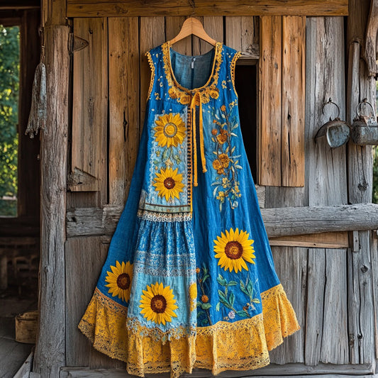 Sunflower Lace Patchwork Flowy Linen Dress artswardrobe