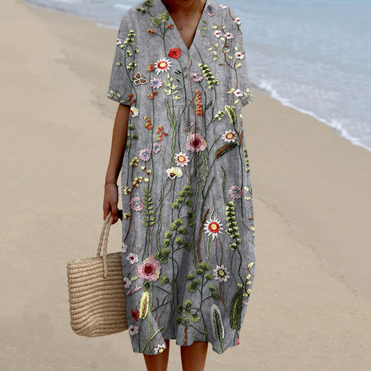 Comstylish Vintage Floral Embroidery Design Printed V Neck Casual Midi Dress