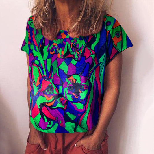 Pop Art Color Block Cat Dog Round Neck T-shirt elevenforest