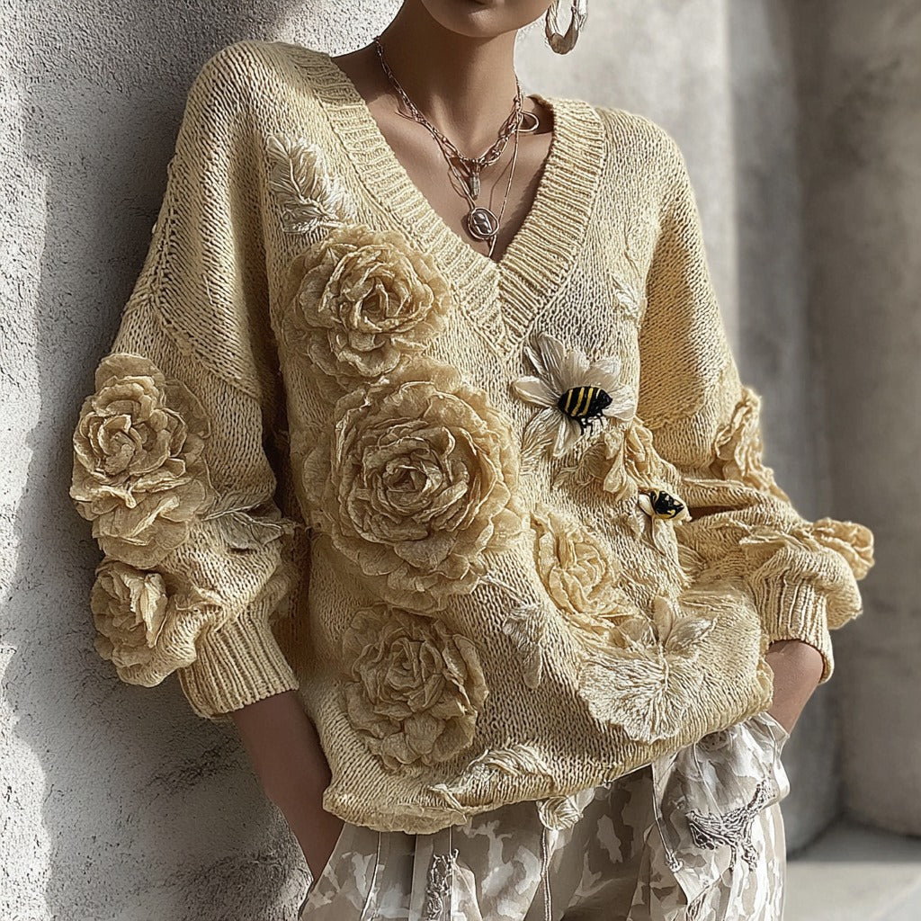 Women's Rose And Bee Knitted Warm V-neck Sweater artswardrobe