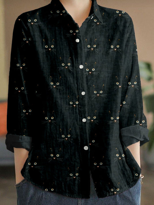 Cute Cat Face Pattern Linen Blend Cozy Blouse elevenforest