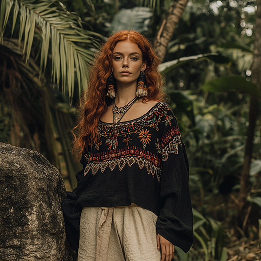 Retro Bohemian Embroidery Art Print Cotton And Linen Blend Loose Blouse artswardrobe