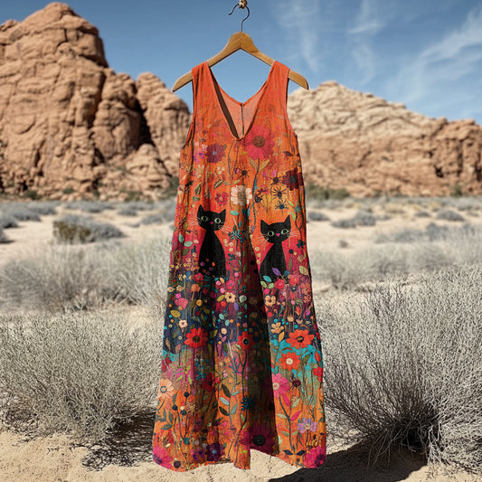 Comstylish Women's Vintage Cat Floral Art Linen Tank Dress