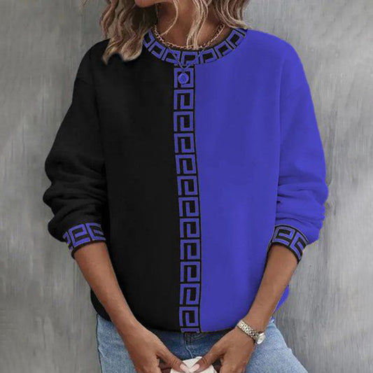 Comstylish Greek Key Pattern Contrast Color Round Neck Casual Sweatshirt